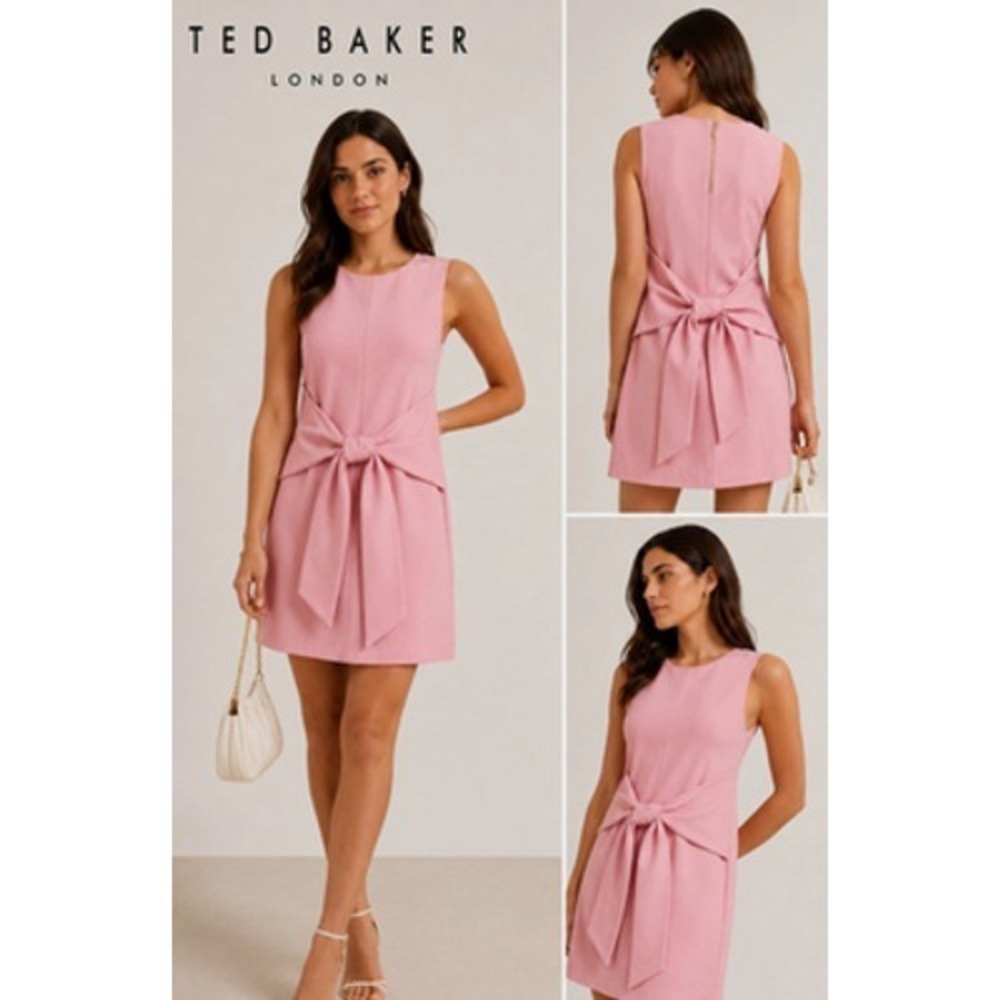Ted Baker Dress Womens 1 Pink Papron Tie Front Sheath Sleeveless Zip Mini